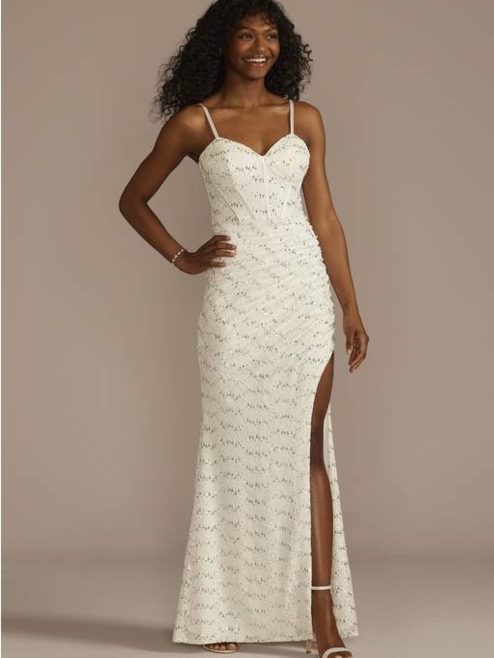 Soft White Lace High-Low Evening Dress with Ruched Side